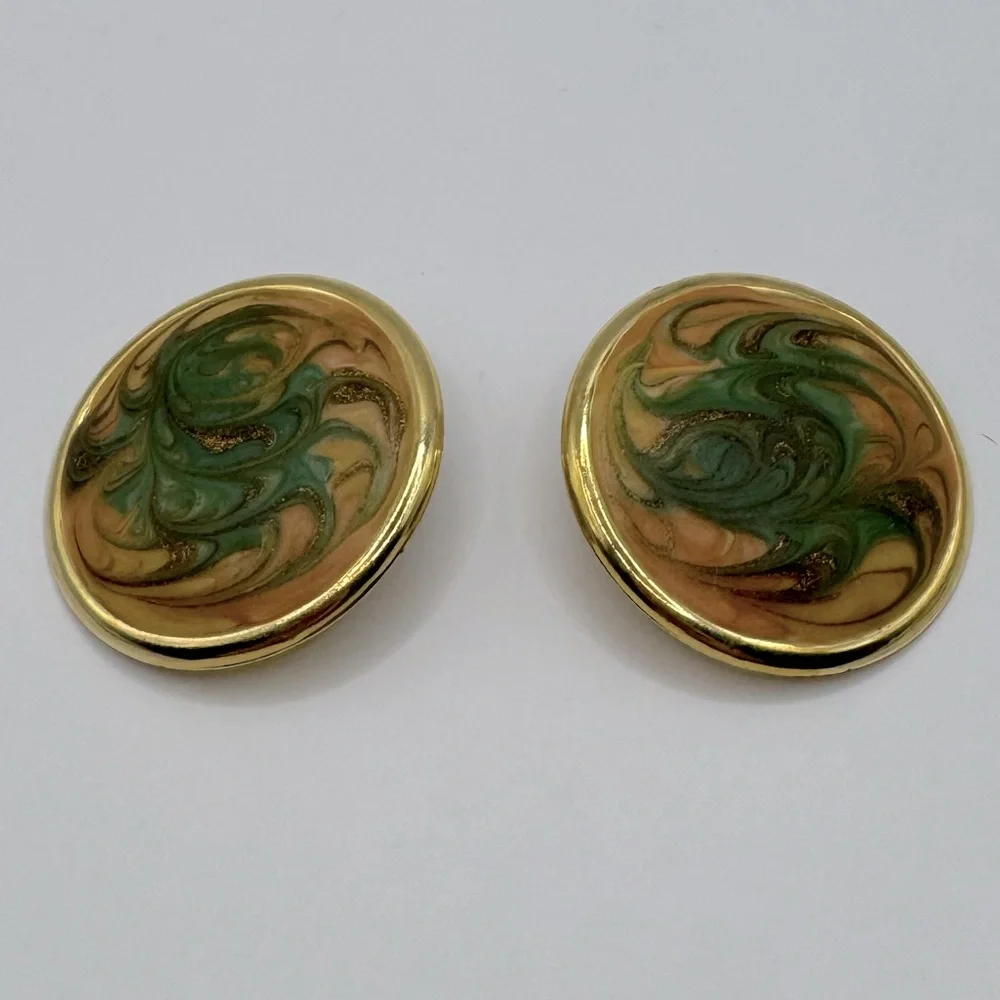 VINTAGE Large Round Marbled Enamel Earrings
